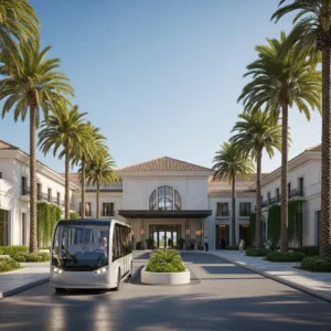 Un moderno ingresso di un resort di lusso a Marbella con un veicolo navetta elettrico.
