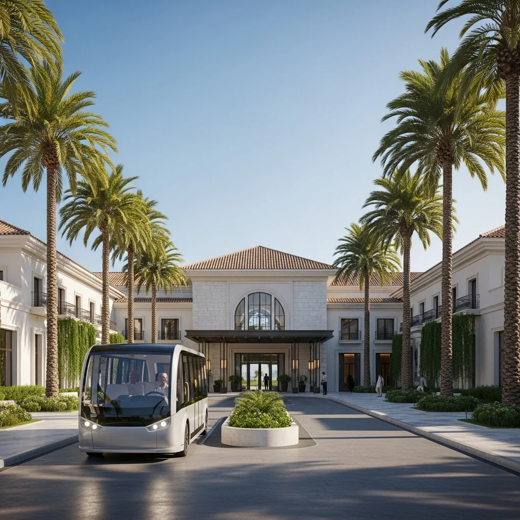 Un moderno ingresso di un resort di lusso a Marbella con un veicolo navetta elettrico.