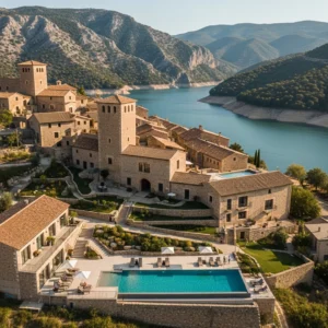 Veduta aerea di un borgo medievale in Aragona, Spagna, trasformato in un resort di lusso tra montagne e un bacino idrico.
