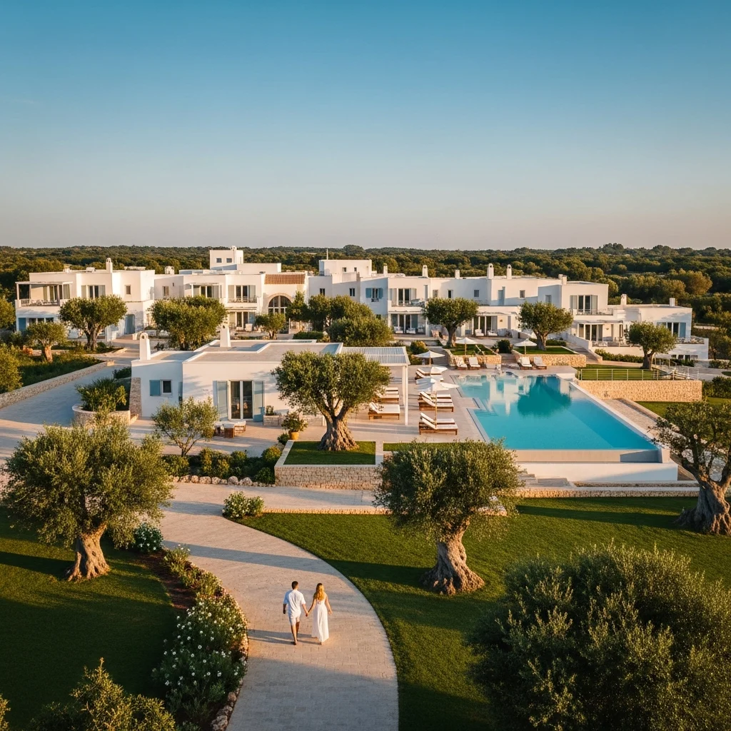 Resort di lusso integrato nel paesaggio pugliese con edifici bianchi e ulivi secolari