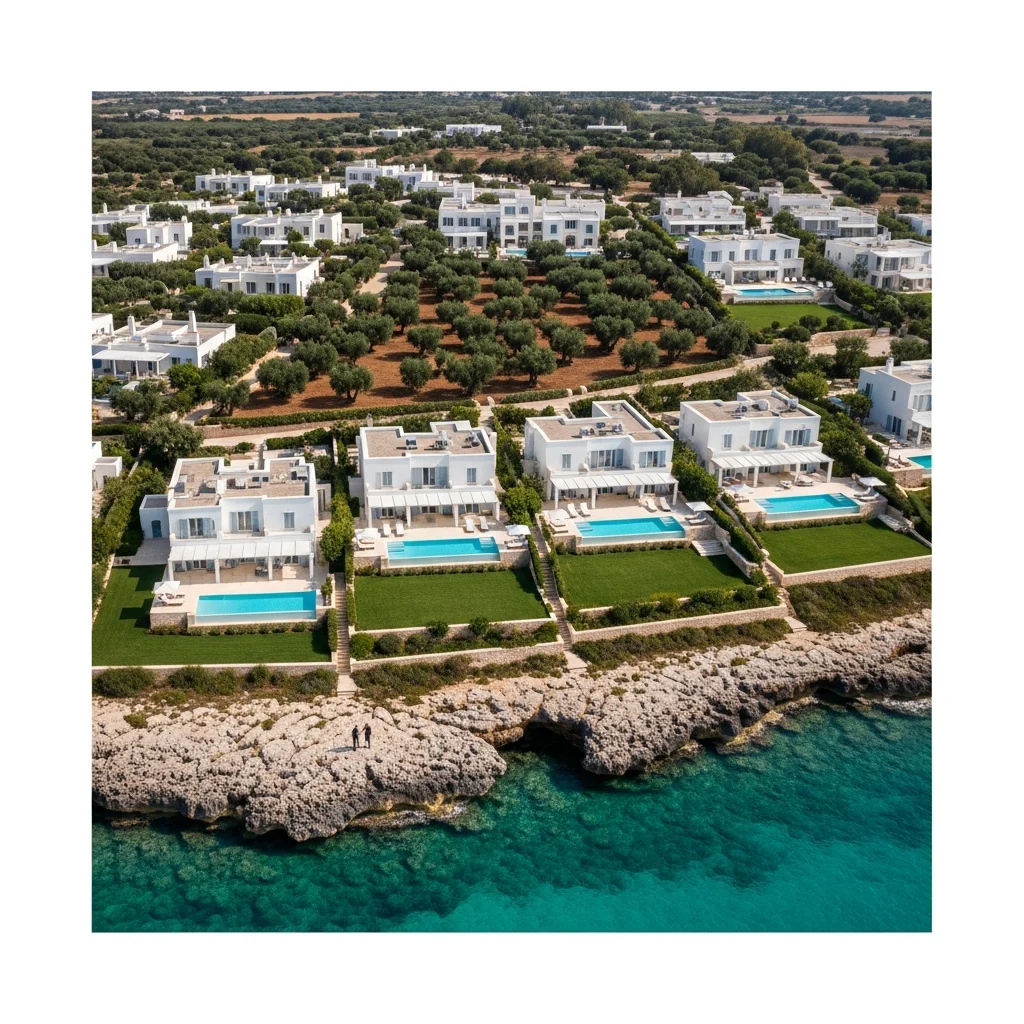 Veduta aerea di un lussuoso resort in Puglia con ville bianche, ulivi secolari e piscine, affacciato su una costa rocciosa e acque turchesi. Una coppia cammina in lontananza sulla spiaggia.