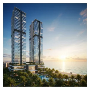 Torri gemelle di un resort di lusso verticale fronte mare a Bai Sau, Vietnam, al tramonto.