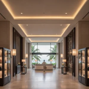 Elegante hall di un resort di lusso con ampie vetrate e dettagli di design moderno.