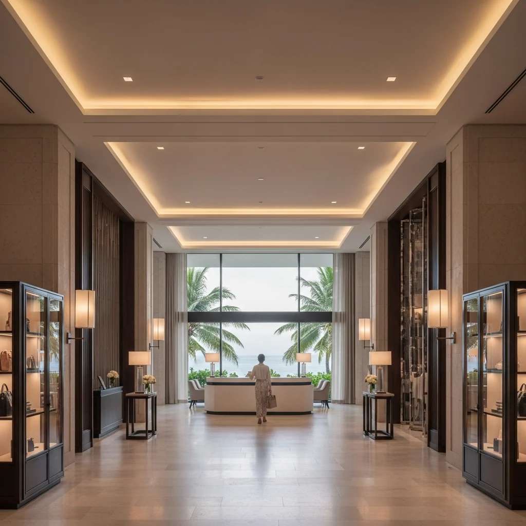 Elegante hall di un resort di lusso con ampie vetrate e dettagli di design moderno.