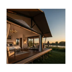 Lussuosa suite a cielo aperto con tettoia in un resort immerso in un paesaggio naturale italiano, con una persona in silhouette che ammira il tramonto da una terrazza privata.