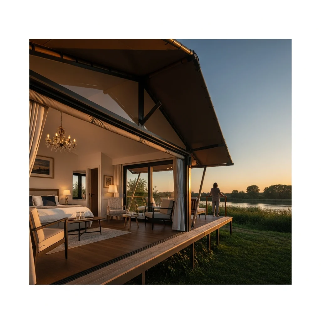 Lussuosa suite a cielo aperto con tettoia in un resort immerso in un paesaggio naturale italiano, con una persona in silhouette che ammira il tramonto da una terrazza privata.