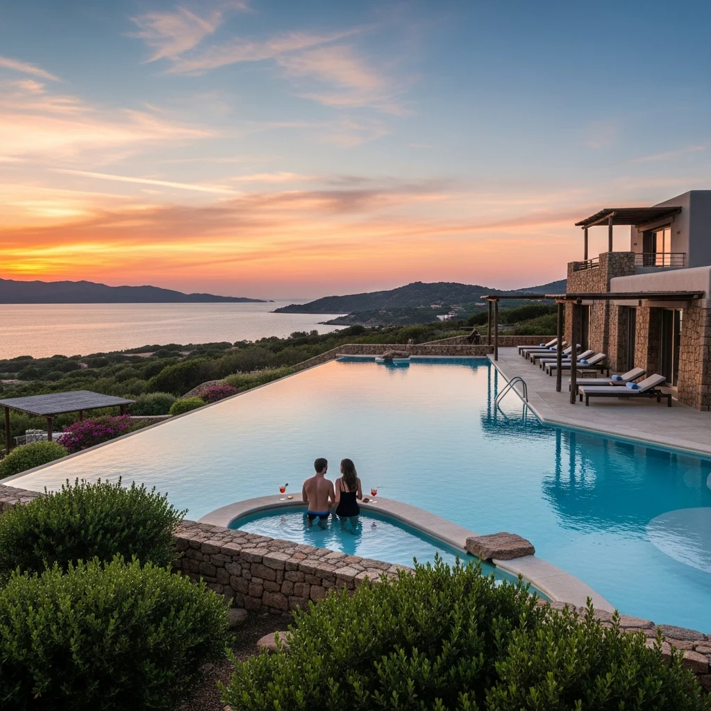 Coppia di spalle che ammira il tramonto da una piscina a sfioro di un lussuoso resort in Sardegna.