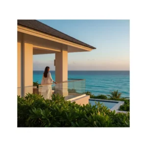 Una donna elegantemente vestita in abbigliamento da resort di lusso, vista di spalle, ammira il tramonto sull'oceano da un balcone di un resort.