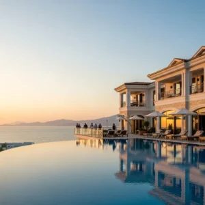 Piscina a sfioro di un lussuoso resort in Turchia con vista sul mare al tramonto e architettura elegante.
