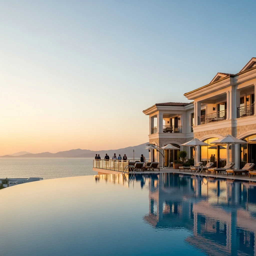 Piscina a sfioro di un lussuoso resort in Turchia con vista sul mare al tramonto e architettura elegante.