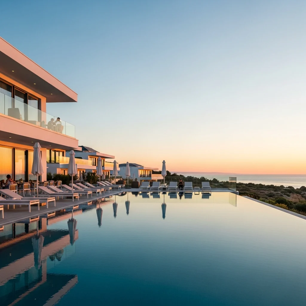 Architettura moderna di un resort di lusso con piscina a sfioro e vista sull'oceano al tramonto in Algarve, Portogallo.