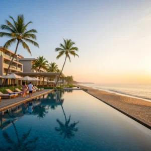 Resort Novotel moderno sulla spiaggia di Chirala, India, con piscina a sfioro e palme al tramonto.