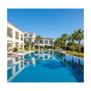Piscina a sfioro di un moderno resort di lusso con architettura elegante e giardini mediterranei in Spagna.