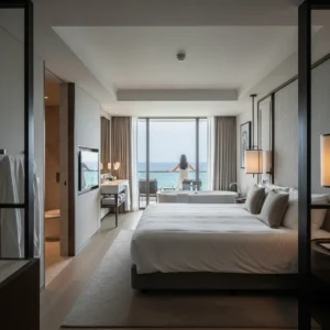 Interno di una suite wellness lussuosa con vista mare in un resort MGM, con un design contemporaneo e una persona di spalle che ammira il panorama.