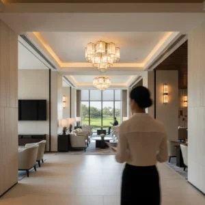 Vista dall'alto di una lussuosa lobby di resort con una figura femminile in lontananza che osserva un paesaggio curato, simbolo di leadership e visione strategica.
