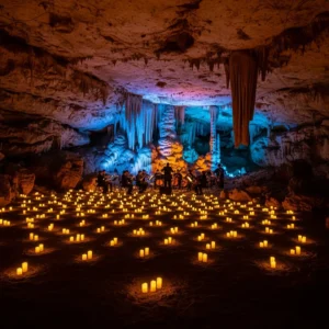 Orchestra che suona musica sinfonica all'interno di un cenote illuminato da centinaia di candele e luci blu.