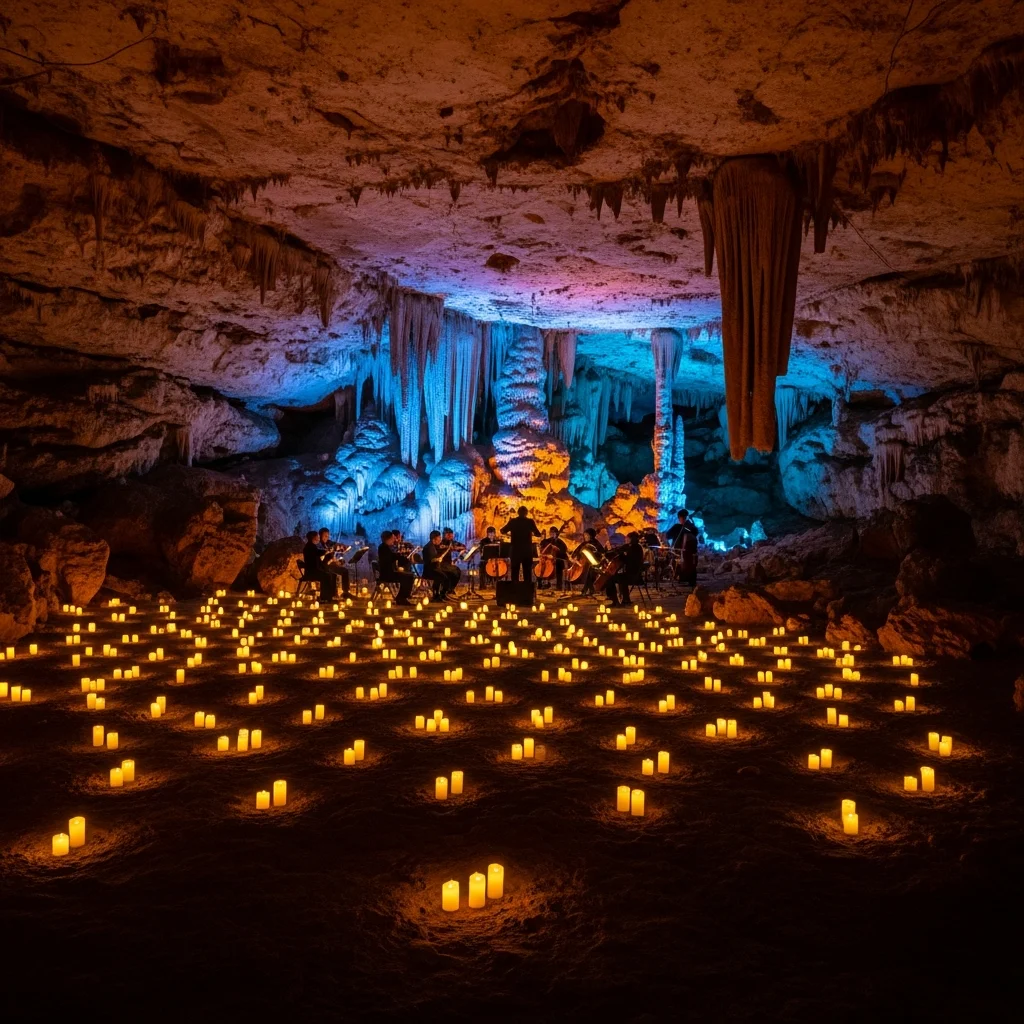 Orchestra che suona musica sinfonica all'interno di un cenote illuminato da centinaia di candele e luci blu.