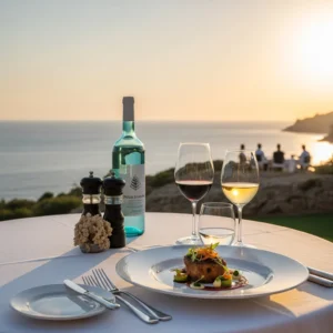 Tavolo elegantemente apparecchiato all'aperto in un resort di lusso a Maiorca, con vista sul mare al tramonto e piatti gourmet.