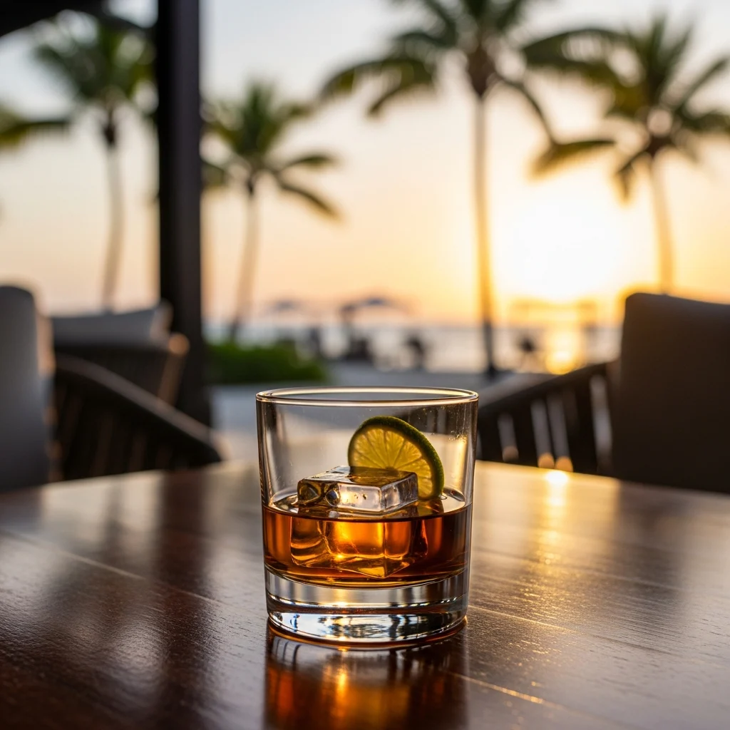 Un bicchiere di rum ambrato su un elegante tavolo di legno, con lo sfondo sfocato di un lussuoso resort caraibico al tramonto.