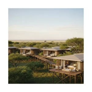 Render concettuale di un lussuoso resort safari in Africa con architettura moderna integrata in un paesaggio selvaggio al tramonto, con un elefante in lontananza.