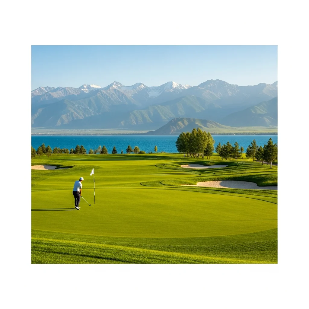 Un campo da golf lussureggiante a Cholpon-Ata con il lago Issyk-Kul e montagne sullo sfondo.