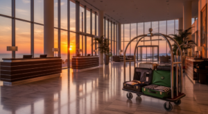 Hall di un resort di lusso con grandi vetrate affacciate sul mare al tramonto e un carrello portabagagli con valigie in primo piano.