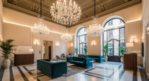 La lussuosa e accogliente hall di un hotel di design con divani di velluto azzurro, imponenti lampadari di cristallo e alti soffitti illuminati.