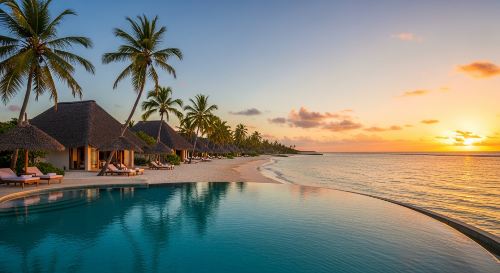 Piscina a sfioro di un resort di lusso a Zanzibar circondata da palme al tramonto, con l'oceano Indiano sullo sfondo