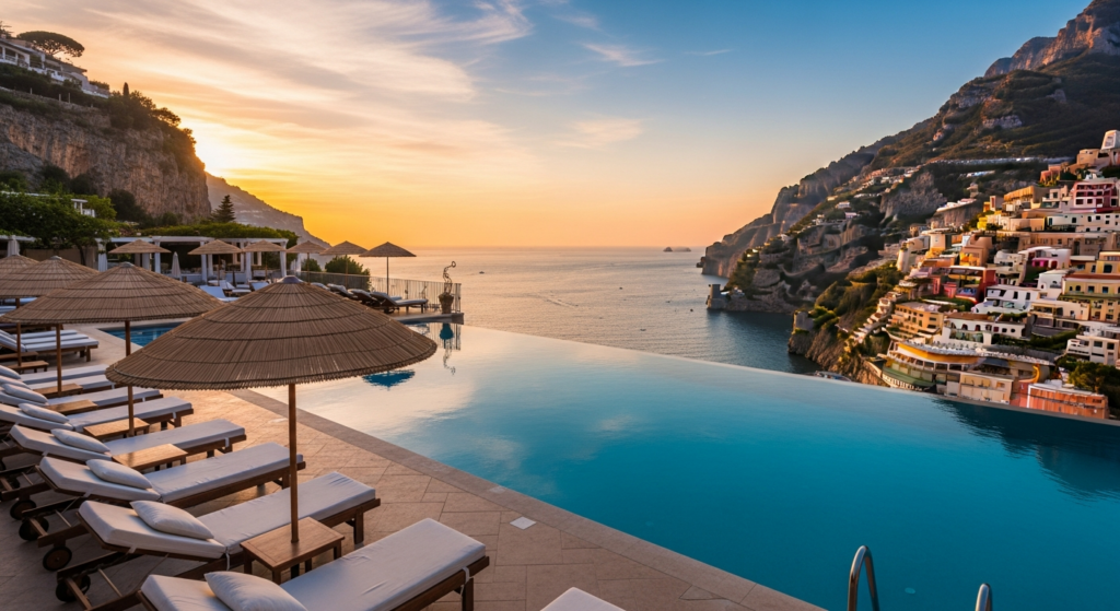Piscina a sfioro di un resort esclusivo con vista sulla costiera amalfitana al tramonto.