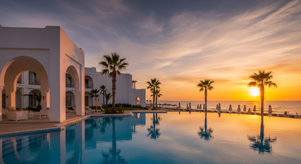 Piscina a sfioro di un resort di lusso in Tunisia con archi bianchi e palme al tramonto.
