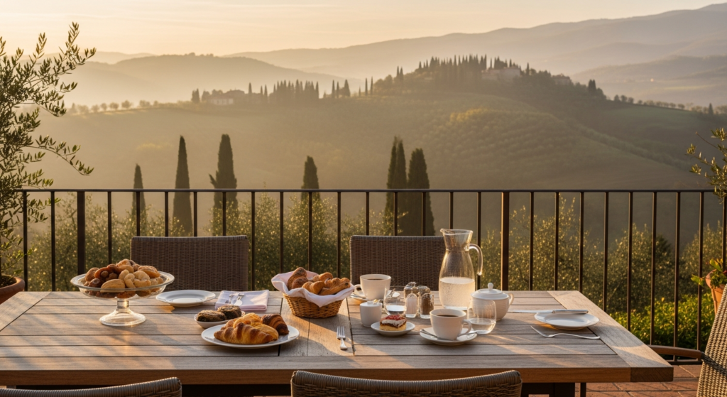 Terrazza in pietra di un boutique resort di lusso affacciata su colline toscane nebbiose all'alba, con un tavolo allestito per la colazione.