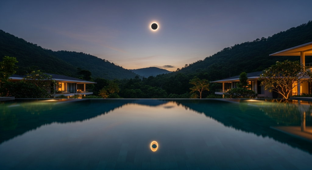 Piscina a sfioro di un resort di lusso che riflette l'eclissi solare totale nel cielo scuro.