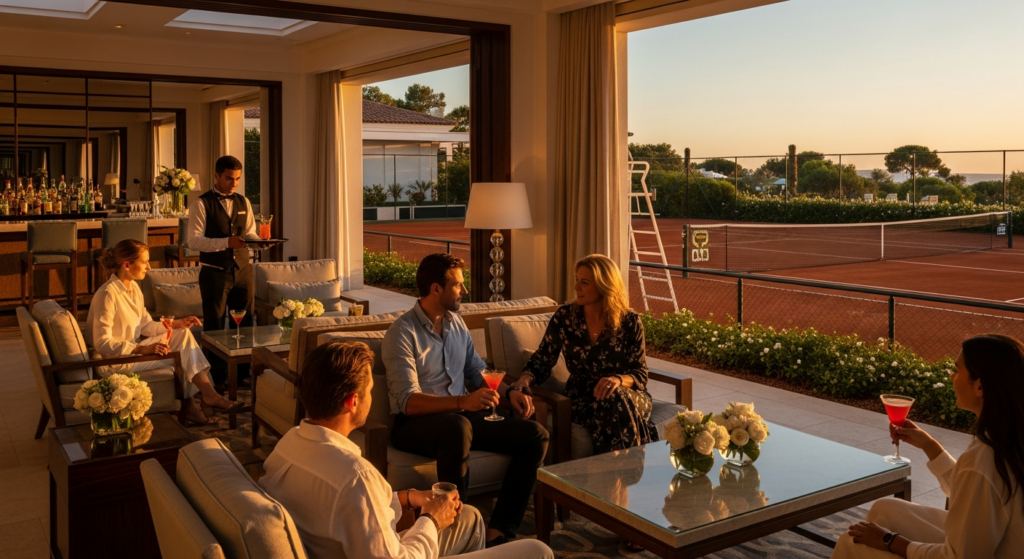 Lounge esterna di un resort di lusso adiacente a un campo da tennis durante il tramonto.