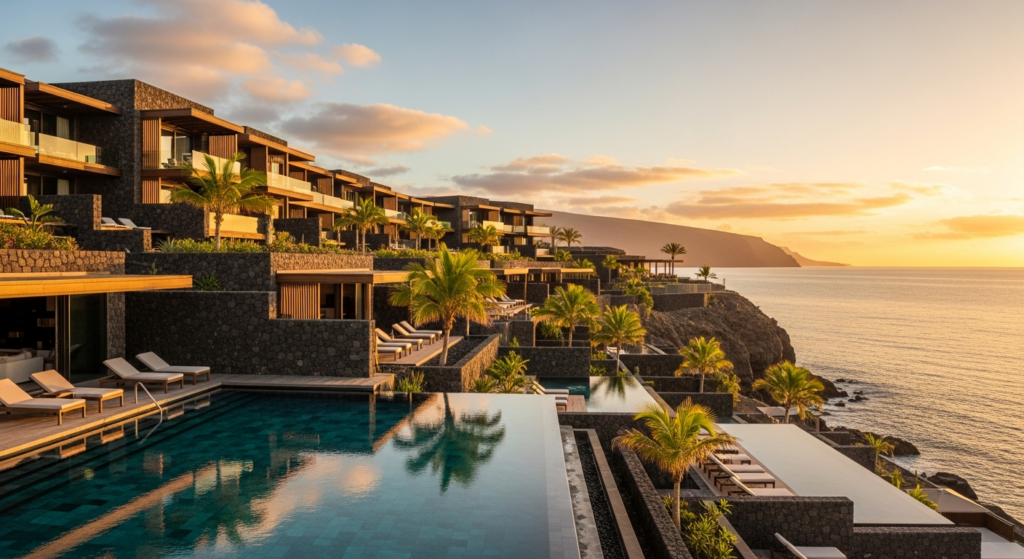 Resort di lusso nelle isole Canarie con piscine e palme affacciate sull'oceano al tramonto