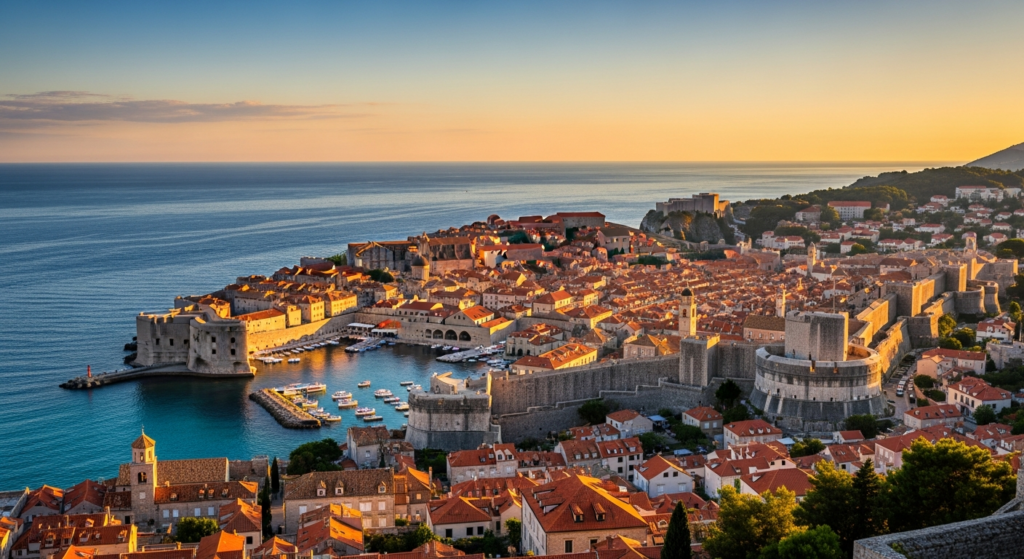 Veduta panoramica della città storica di Dubrovnik al tramonto con le caratteristiche mura in pietra e i tetti in terracotta sul mare Adriatico.