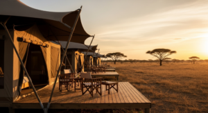 Un lussuoso lodge a tenda con pedana in legno affacciato sulla savana del Serengeti al tramonto.