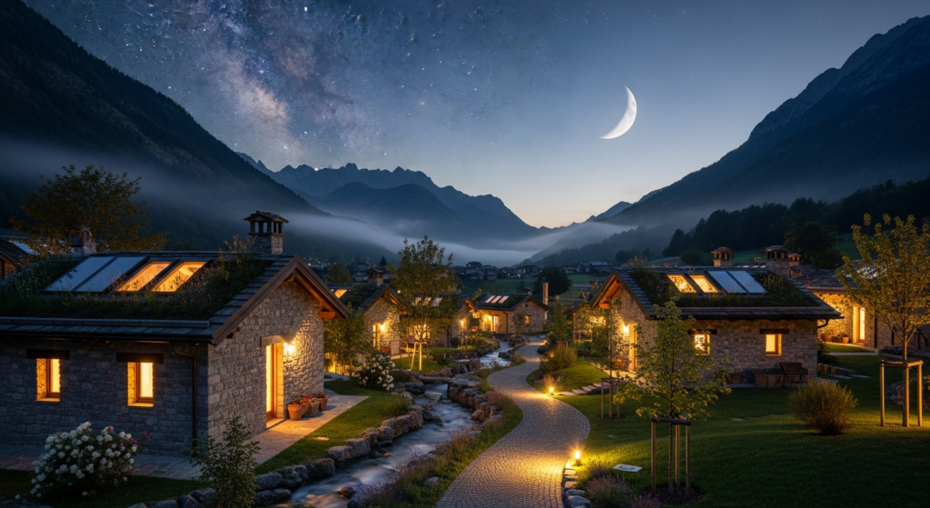 Un borgo storico italiano con un resort ecosostenibile illuminato da luci calde al crepuscolo, circondato da montagne e sotto un cielo stellato.
