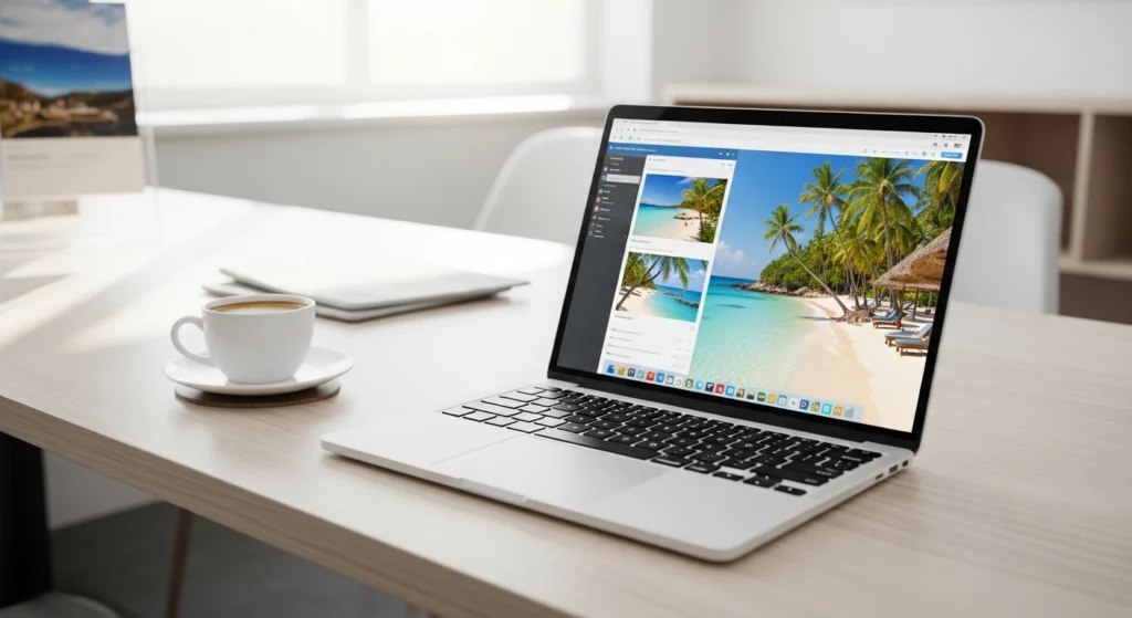Computer portatile aperto su una scrivania di un'agenzia di viaggi con immagini di resort esotici sullo schermo