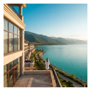 Architettura moderna di un lussuoso resort affacciato sulle acque cristalline del Lago Issyk-Kul al tramonto, con una figura di spalle che ammira il panorama dal balcone.