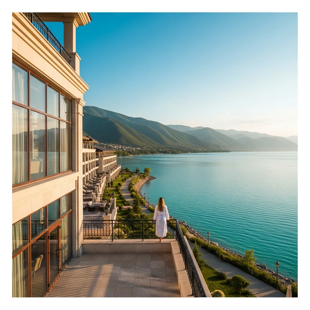Architettura moderna di un lussuoso resort affacciato sulle acque cristalline del Lago Issyk-Kul al tramonto, con una figura di spalle che ammira il panorama dal balcone.