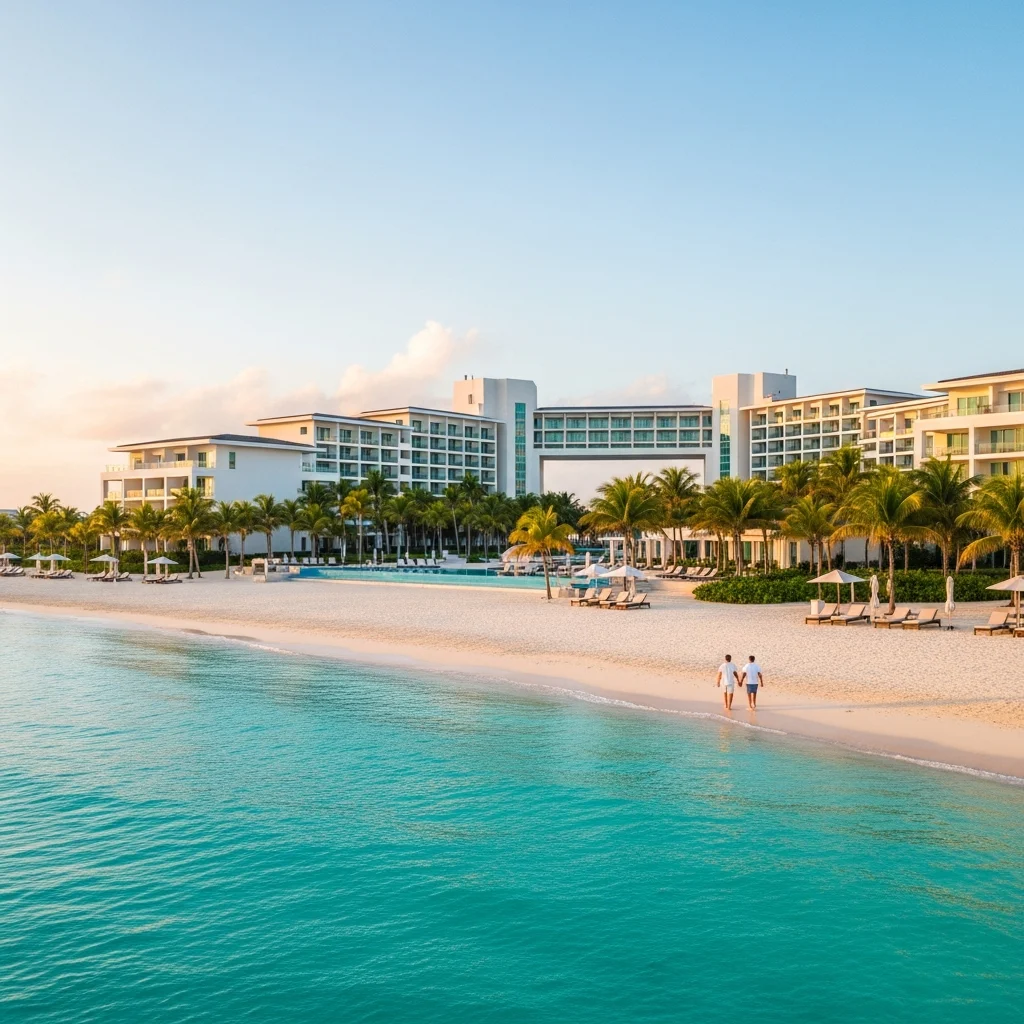 Spiaggia di sabbia bianca con acque turchesi e resort di lusso a Cuba al tramonto, con una coppia in lontananza