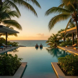Piscina a sfioro di lusso che si affaccia sul Mar Caraibico al tramonto, con vegetazione tropicale rigogliosa e una silhouette di una persona in lontananza.