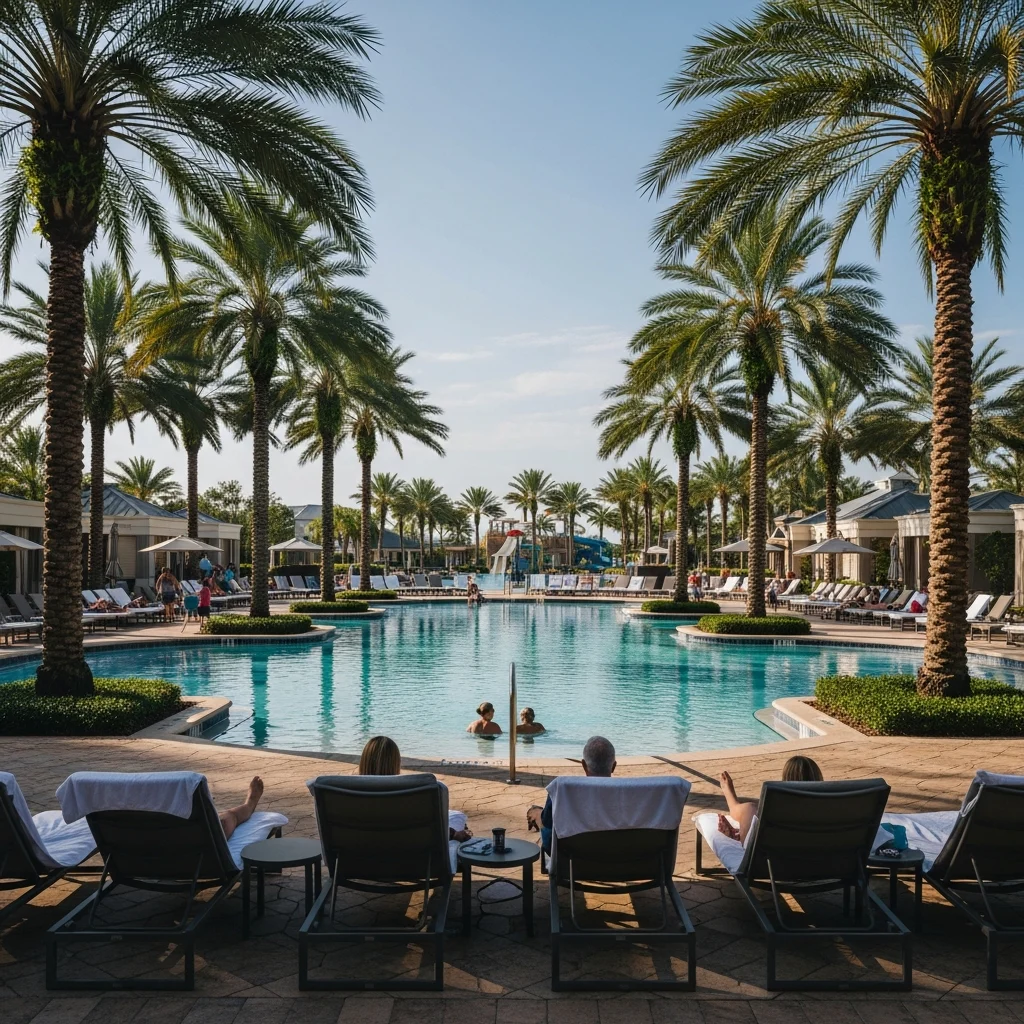 Piscina tropicale di lusso di un resort a Orlando, circondata da palme e sedie a sdraio, con figure di persone sullo sfondo.