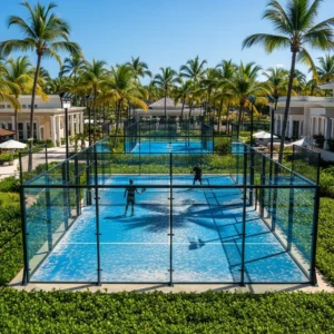 Campo da padel illuminato dal sole all'interno di un lussuoso resort tropicale a Punta Cana, con palme e architettura elegante sullo sfondo e due figure distanti che giocano.