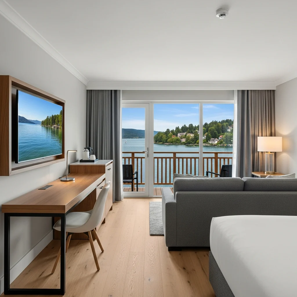 Interno di una camera d'hotel moderna e recentemente ristrutturata con vista su un lago e un balcone privato.