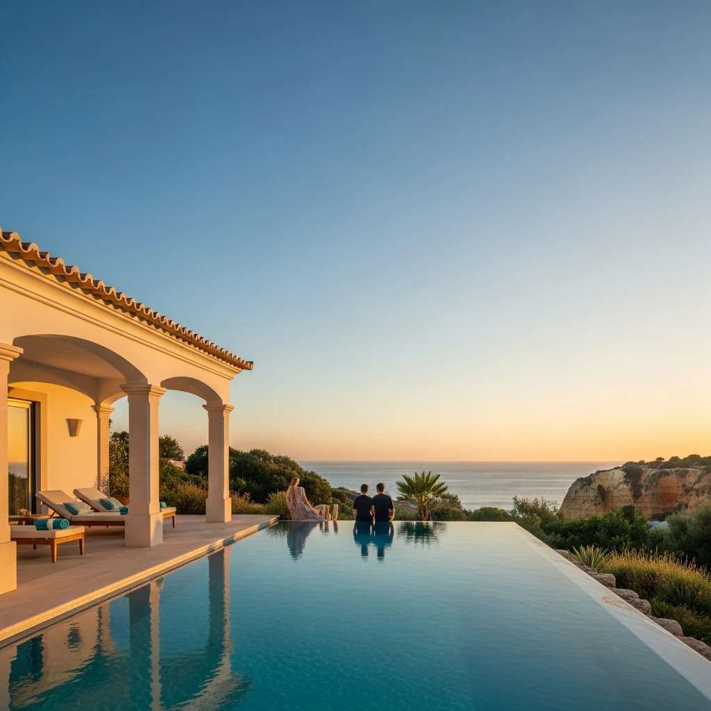 Piscina a sfioro di un lussuoso resort boutique in Algarve con vista sull'oceano al tramonto e giardini mediterranei.