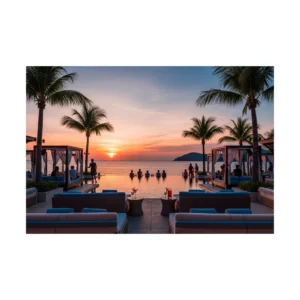 Scena serale in un lussuoso beach club a Koh Samui, con persone in lontananza che si godono un cocktail a bordo piscina al tramonto.