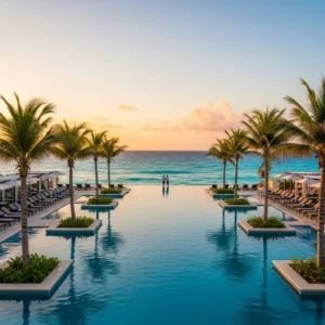 Piscina a sfioro di un resort di lusso a Cancun con vista sul mare turchese e palme al tramonto.