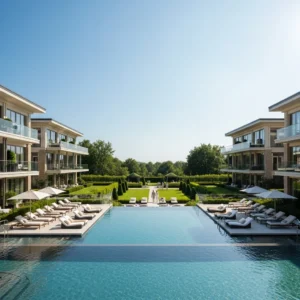 Vista panoramica di un lussuoso resort con piscine a sfioro e giardini tropicali sotto un cielo estivo, con figure umane indistinte sullo sfondo che si godono il relax.