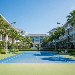 Campo da tennis di lusso all'interno di un resort tropicale con architettura moderna e vegetazione lussureggiante.